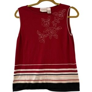 Liz Claiborne Floral Embroidered Knit Tank Top Y2K Preppy Cottagecore Striped